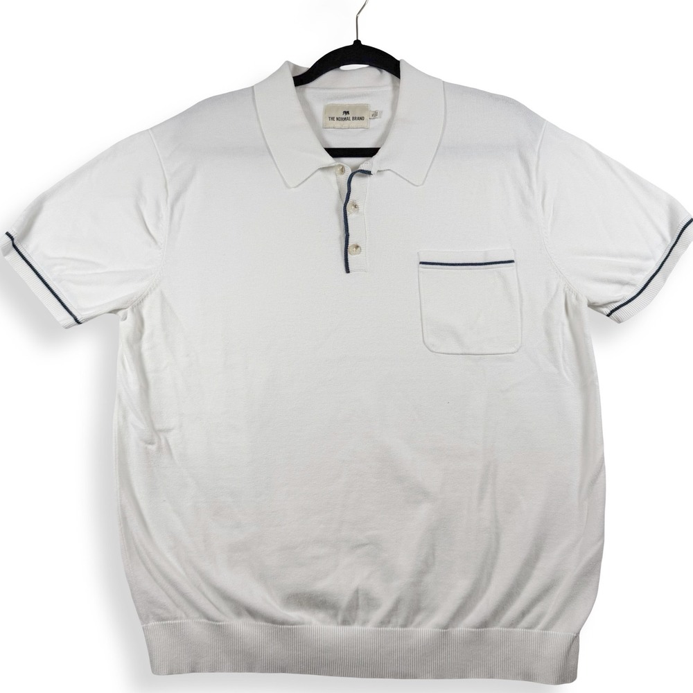 The Normal Brand Mens XL White Cotton Knit Polo Navy Trim Pocket Sweater Shirt